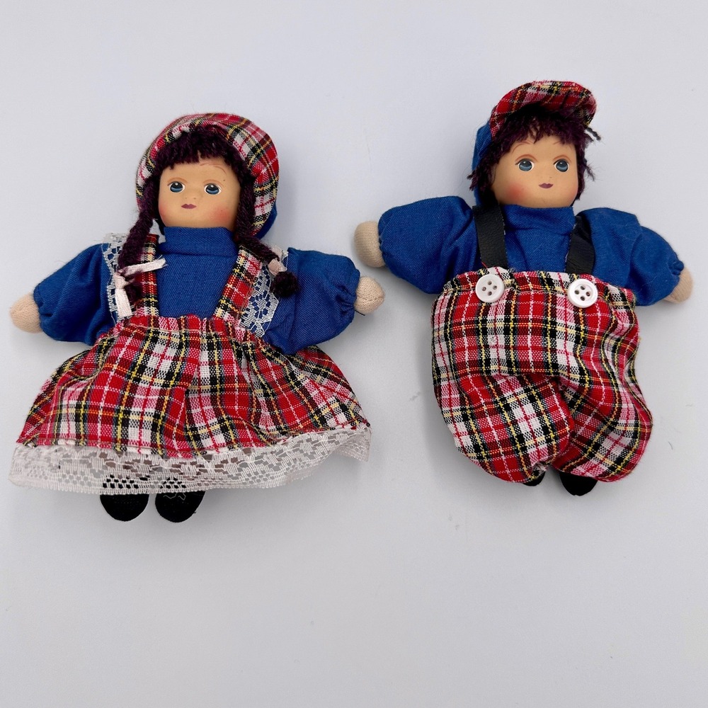 Vintage Soft Body Plaid Doll Pair Boy and Girl Blue and Red Outfits 5 Inch